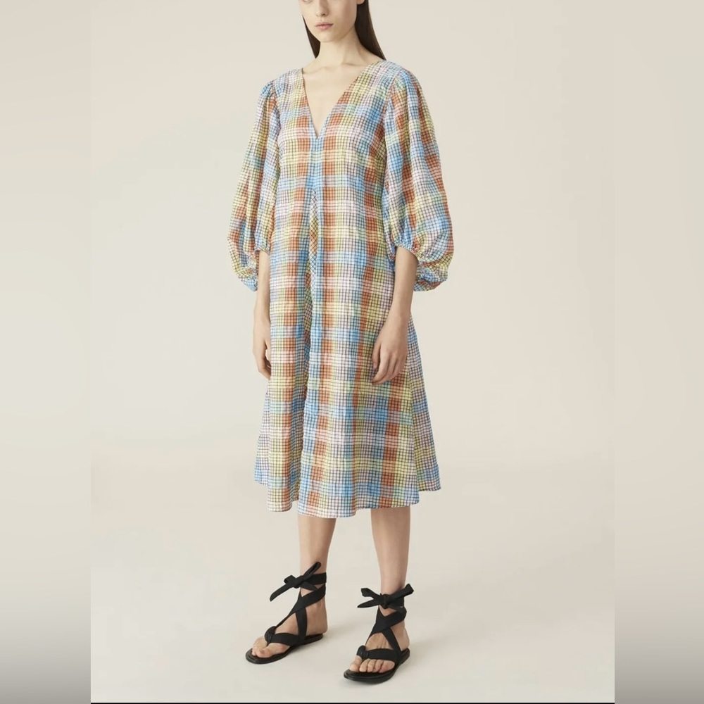 GANNI Seersucker Check Midi Dress Multicolor